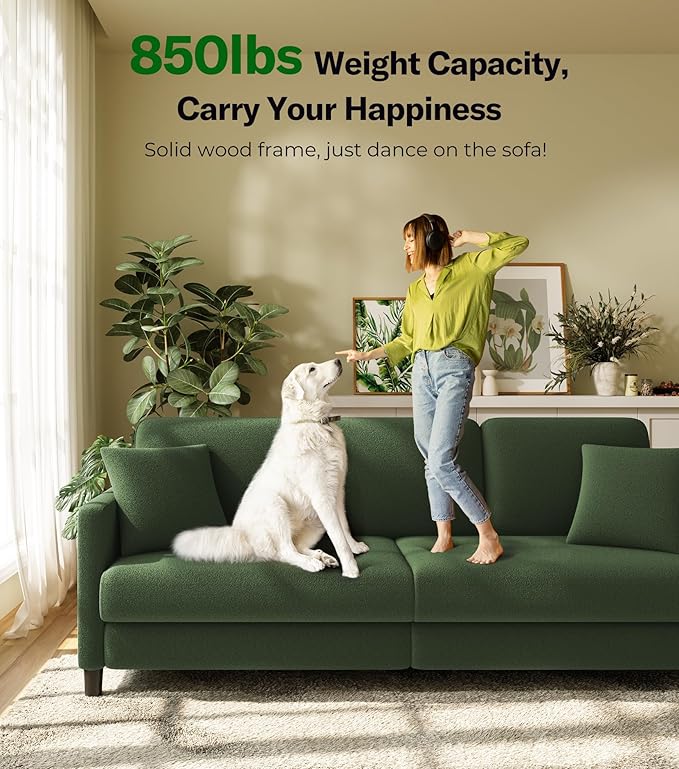 83" Couches for Living Room, Comfy Sofas for Living Room with Storage Ottoman, Teddy Sofa Couch, Tool-Free Loveseat Sofa, All-Wood Love Seat Couches, L Shaped Couch 2 Pillow Included, Green