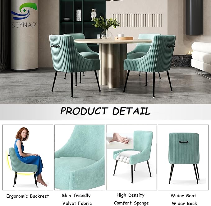 Velvet Dining Chairs Set of 2,Green Upholstered Living Room Chairs with Black Metal Legs, Modern Tufted Accent Chairs for Living Room, Study Room, Kitchen