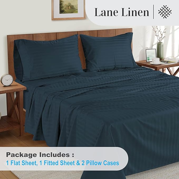 LANE LINEN 100% Egyptian Cotton California King Sheets - 4 Pc Sateen Sheet Sets Luxury Bedding & Pillowcases 17" Deep Pocket Dark Denim Stripe