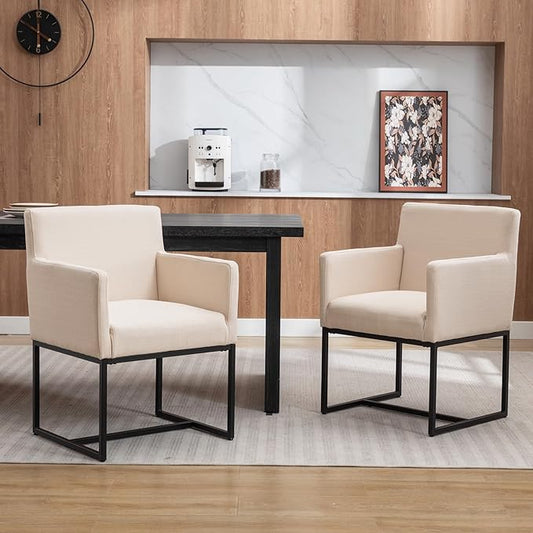 Linen Upholstered Dining Chairs with Arms Set of 2, Mid Century Modern Kitchen Chairs with Black Metal Frame Accent Armchairs Padded, Cream