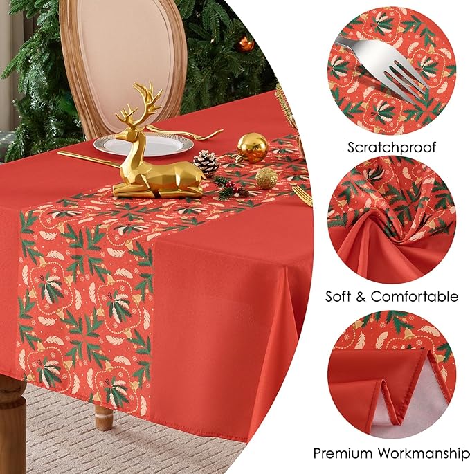 Christmas Tablecloth Rectangular 60x102 Inch Waterproof Table Cloth for 6ft, Washable Polyester Table Cover for Xmas Party, Winter Holiday Home Decoration in Festive Red 1pack