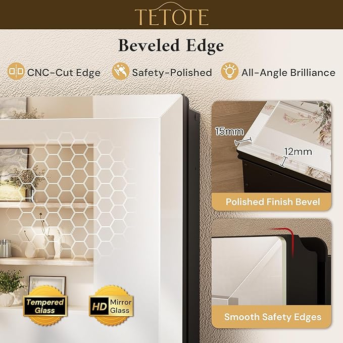 TETOTE 20 x 28 Bathroom Mirror with Storage with Tempered Beveled Mirror Black Medicine Cabinet Aluminum Cabinet DTC Hinges, Stepless Adjustable Shelves, Recessed/Surface-Mounted
