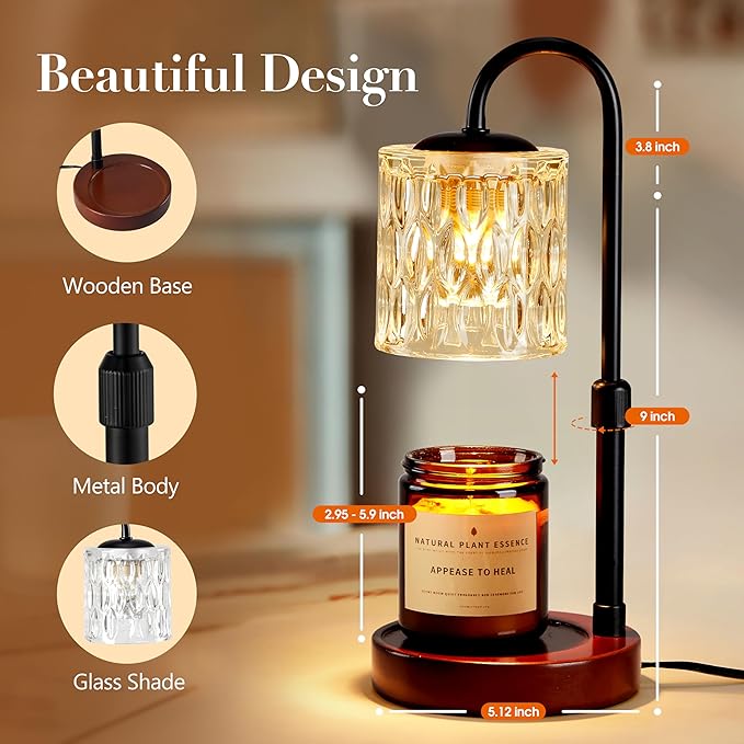 Briever Dimmable Candle Warmer Lamp with Timer, Height Adjustable Electric Candle Wax Warmer, Christmas Birthday Gifts for Women Mom, House Warming Gifts New Home Room Decor, Walnut Solid Wood Base