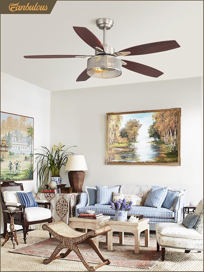 Fanbulous Farmhouse Brushed Nickel Ceiling Fans with Lights and Remote, 52 Inch Bedroom Caged Ceiling Fans for Living Room Kitchen，6 Speed Reversible Quiet DC Motor, Dual Finish 5 Blades