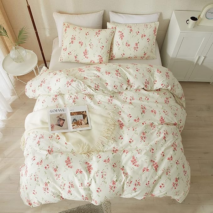 Boho Floral Duvet Cover Twin XL Soft Cotton Pink Floral Bedding Set Chic Garden Style Cute Flower Pattern Duvet Cover Vintage Floral Botanical Comforter Cover 1 Twin XL Duvet Cover with 2 Pillowcases