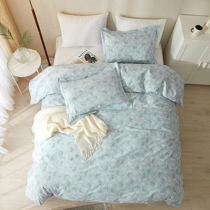 EAVD Blue Floral King Size Comforter Set Soft Lightweight Microfiber Chic Shabby Garden Floral Bedding Set with 2 Pillowcases Fresh Botanical Comforter Set for All-Season