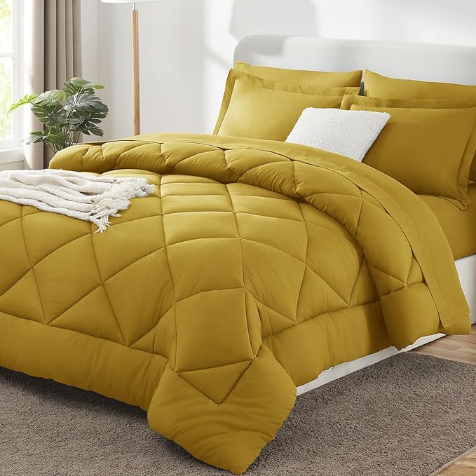 CozyLux Full Size Comforter Sets Mustard Yellow - 7 Pieces Bed in a Bag Full, Luxury Soft Bed Set for All Seasons, Bedding Set with Down Alternative Comforter, Sheets, Pillowcases & Shams