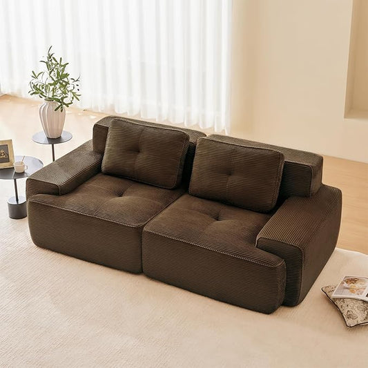 80" Modern Corduroy Boneless Love Seat Couches, 2 Seater Large Sectional Couches for Living Room, Brown Cloud Modular Sectional Sofa, Memory Foam, Extra Deep Loveseat, No Assembly