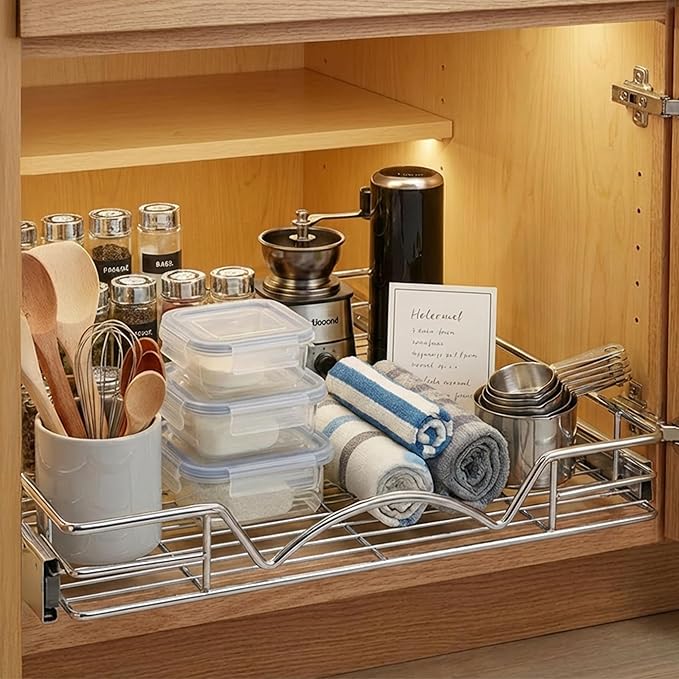 HOLDN’ STORAGE Pull Out Cabinet Organizer, Heavy Duty Caddy w/Lifetime Limited Warranty -24”W x 21”D - Requires At Least 25-1/4” Cabinet Opening, Steel Metal Cabinet Drawers Slide Out, Chrome