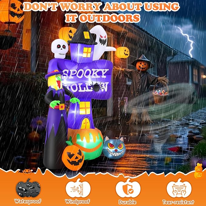 8F Halloween Inflatable Witch with Ghost Tombstones Black Cat Pumpkin Skeletons Scary Halloween Decorations, Indoor Outdoor Spooky Blow Up Yard Decorations for Garden Party Holiday Lawn Office Decor