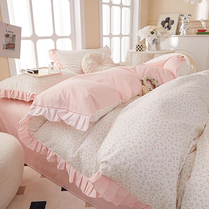 Romantic Pink Floral Duvet Cover Queen 100% Cotton Pink Ruffle Duvet Cover Girls Flower Comforter Cover Princess Lace Bedding Set Vintage Floral Coquette Bedding Comforter Cover with 2 Pillowcases
