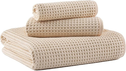 New Microfiber Waffle Bath Towels, 3 Pieces, Oversized, Soft, Absorbent, Fast Drying, Lint Free, Includes Bath, Face and Hand Towels (Champagne)