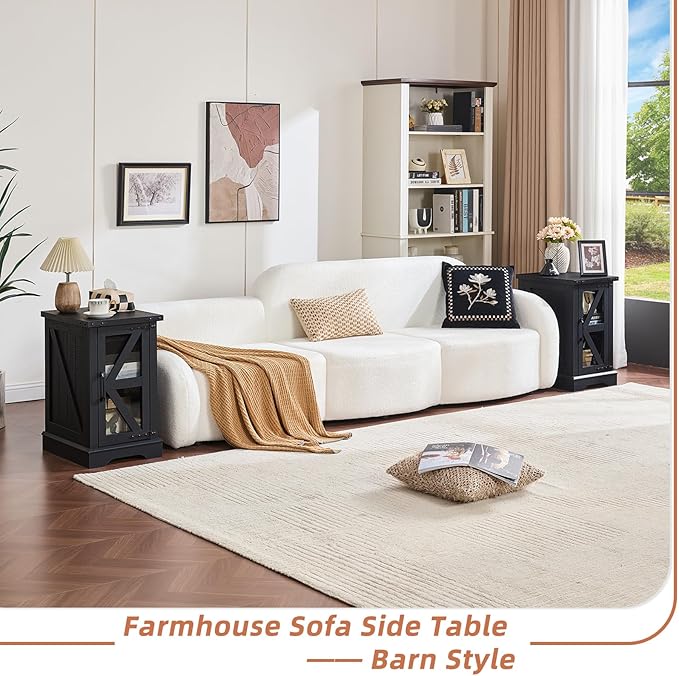 Farmhouse Coffee Table Sets 3 Pieces, Narrow Night Stand with Glass Barn Door Storage, Large Coffee Tables with Hidden Storage Organizer, Wood Furniture Sets for Living Room, Office, Black