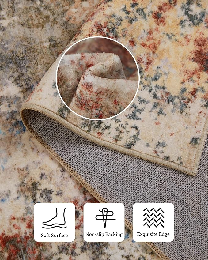 Washable Area Rug for Living Room: 8x10 Modern Abstract Neutral Soft Rug for Bedroom Dining Room No Slip Low Pile Carpet for Nursery Home Office - Red/Ivory