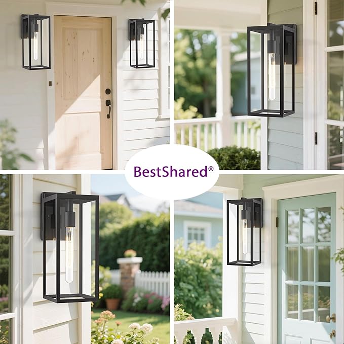 Bestshared Outdoor Wall Sconce Lights,Exterior Wall Lighting Fixtures with Clear Glass, Anti-Rust Modern Black Outside Lantern Lamp for House Front Porch Doorway Patio (Black, 15"-2 Pack)