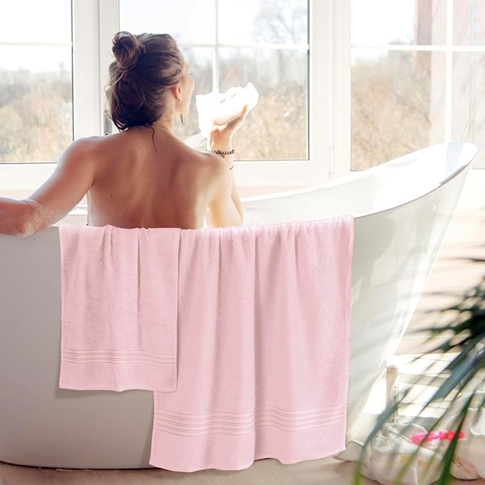 BOUTIQUO 6 Pack Cotton Towel Set, Contains 2 Bath Towels 28x55 inch, 2 Hand Towels 16x24 inch & 2 Wash Coths 12x12 inch, Ideal Everyday use, Ultra Soft Compact & Lightweight - Pink