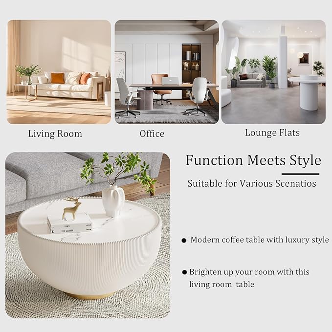 White Round Coffee Table with Sintered Stone Tabletop, 27.56" Drum Coffee Table with Fluted PU Leather Covered and Metal Base, Circle Cocktail Tea Table for Living Room