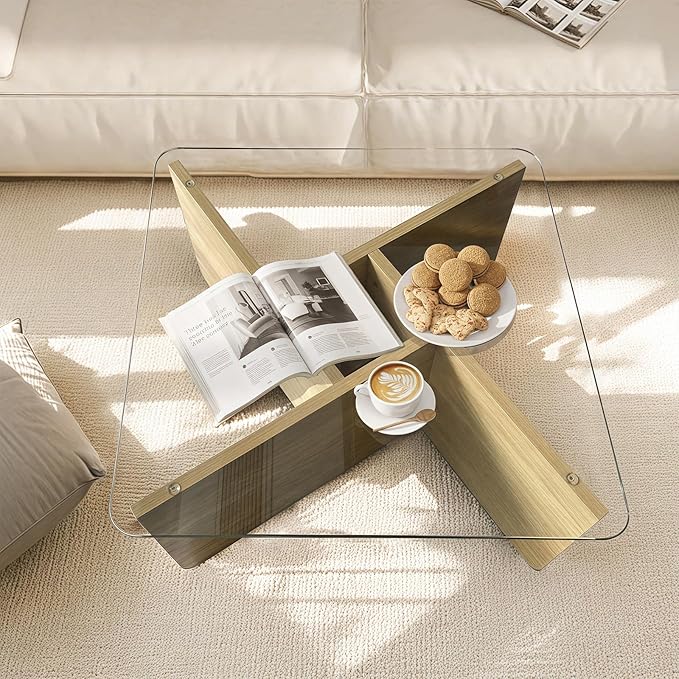 LKTART 31.5" Glass Coffee Table, MDF Mid-Century Modern Square Coffee Table with Tempered Glass Top, Square Center Tables for Small Space Living Room Office Apartment, Wood