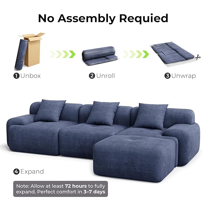 LIKIMIO 118" Modern L-Shaped Modular Sectional Sofa for Living Room, Oversized 3-Seater Cloud Boneless Couch with Deep Seat and Movable Ottoman, Corduroy Upholstery Navy Blue – No Assembly