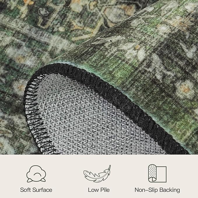 Lofus 2X 6 Runner Rug for Hallways,Green Washable Runner Rugs with Non Slip Rubber Backing, Low Pile Soft Carpet Runner for Kitchen Bathroom Bedroom Laundry