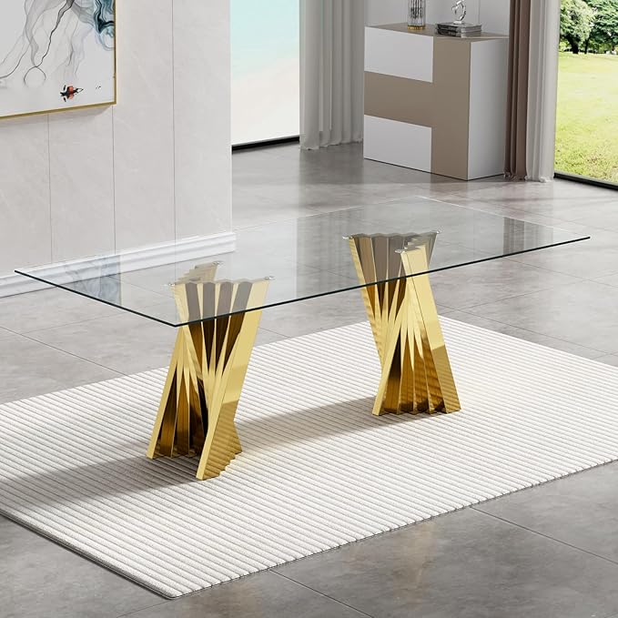 Goujxcy Modern 5 Piece Glass Dining Table Set Luxury Glass Kitchen Table and Chair Set for 4, 70" Large Rectangular Dining Room Table with 4 Tufted Chairs and Stainless Steel Legs (Gold & Blue)
