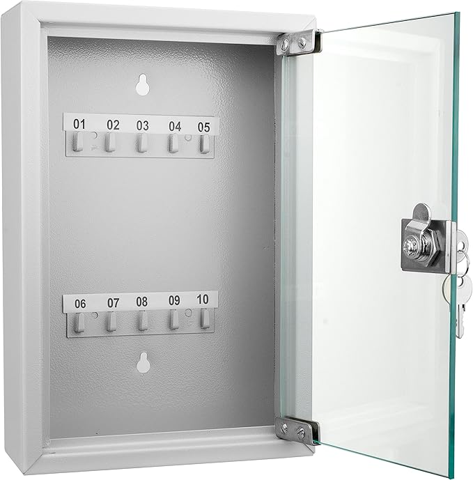 Barska Key Lock Box with Glass Door – Wall Mount Steel Key Cabinet Organizer with Labeled Hooks and Colored Key Tags for Home, Office, Property Management