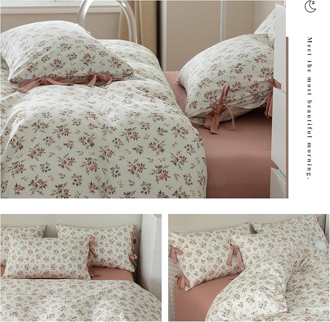 Pink White Duvet Cover Full Floral Print Blush Pink Flower Duvet Cover with 2 Bow Ties Pillowcases 100% Cotton Girls Cottagecore Bedding Set Vintage Country Botanical Floral Comforter Cover Full Size