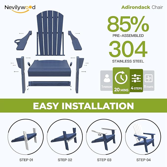 nevilywood Folding Adirondack Chair with Cup Holder Set of 4, HDPE Patio Chairs,All-Weather Outdoor Chairs for Backyard, Deck,Fire Pit-NavyBlue