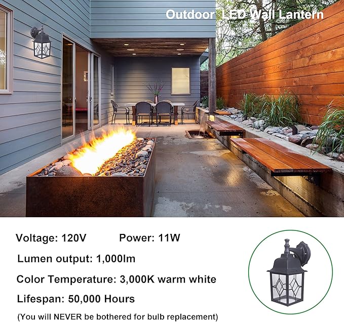 LIT-PaTH Outdoor LED Wall Lantern, Large Exterior Wall Light Fixture, 3000K Warm White, 11W 1000 Lumen, Matte Black Anti-Rust Aluminum Porch Lighting for Outside, Patio, Garage, 1 Pack