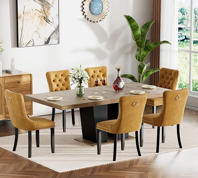 Goujxcy 7-Piece Extendable Dining Table Set for 6-8 People 63-78 Inch Kitchen Table Set with 6 Velvet Upholstered Chairs Farmhouse Rectangular Dining Room Table Set for Kitchen Dining Room Apartment
