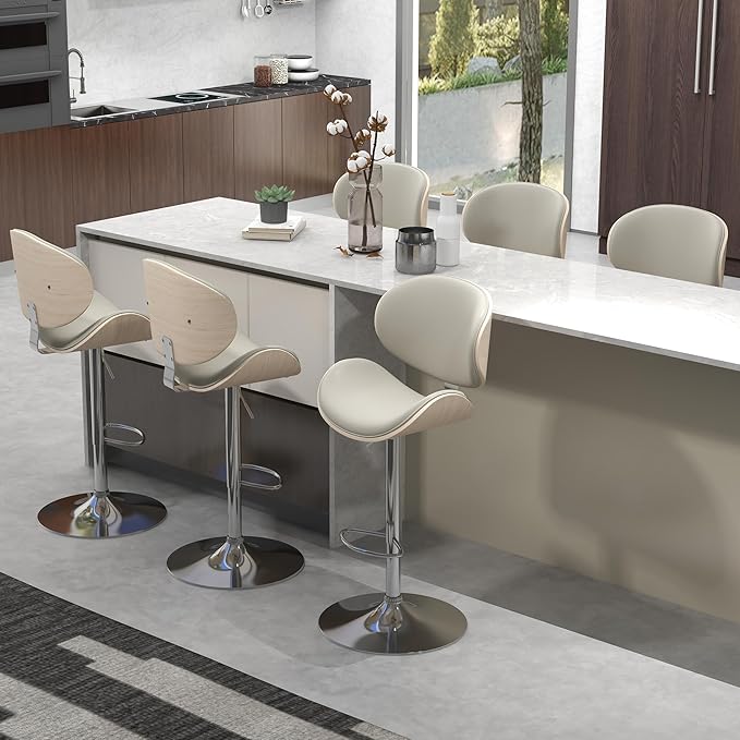 civama Bar Stools Set of 4 for Kitchen Counter, Adjustable Bar Height Chairs, Modern Swivel Barstools with Bentwood Seat and Back with Footrest for Kitchen Island, Dining Room, Grey PU Leather