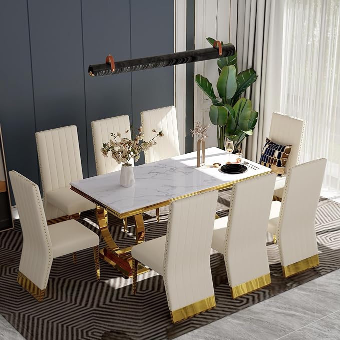 White and Gold Dining Chairs Set of 2, Glam White Leather Dining Chair with Nailhead Trims, High Back Dining Room Chairs