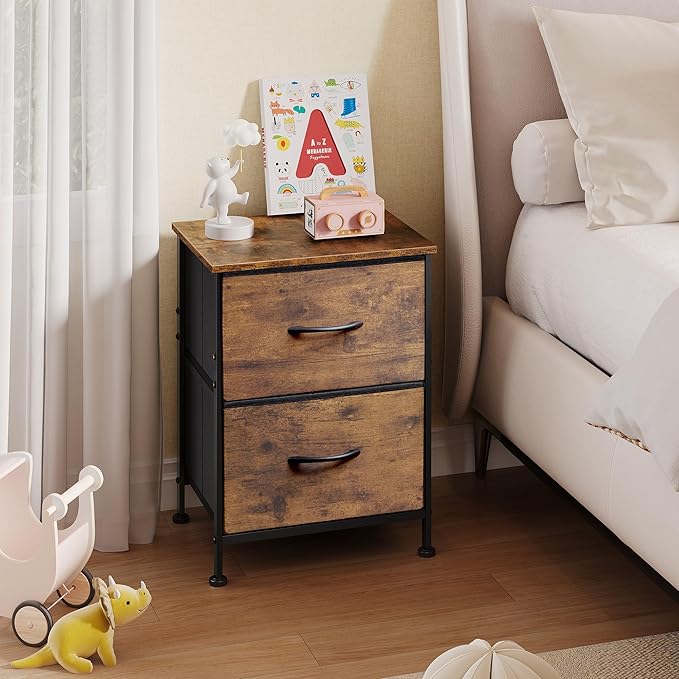 WLIVE Night Stand, Small Dresser with 2 Drawers & Wooden Top, Nightstand with Fabric Bins, Bedside Table End Table for Bedroom, Closet, Entryway, College Dorm, Rustic Brown