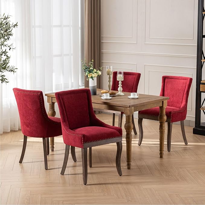 Farmhouse Dining Chairs Set of 4, Upholstered Fabric Dining Room Accent Chairs with Wood Legs & Bronze Nailhead, High Wingback Kitchen Chairs for Living Room Hotel Apartment, Burgundy