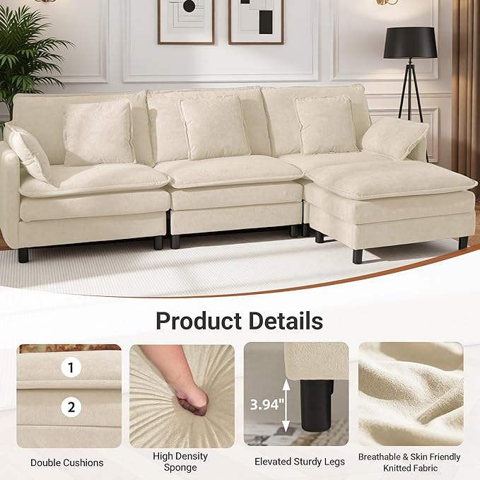 Claiks 110" Modular Sectional Sofa, Cloud Couch with Ottoman, L-Shaped 4-Seater Sofa in Chenille Fabric, Deep Seat Comfy Couch with Pillows for Living Room & Offices, Beige