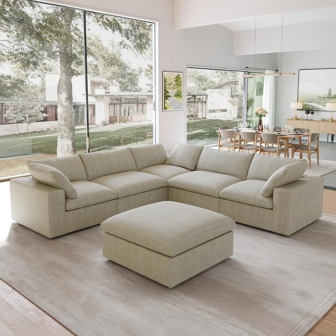 JACH V Shape Couch Sectional for Living Room, Deep 5-Seats Modular Convertible Sofa, Couch Cushion Covers Removable, Cloud Sofas with Chaise Ottoman for Living Room, Apartment (Khaki)