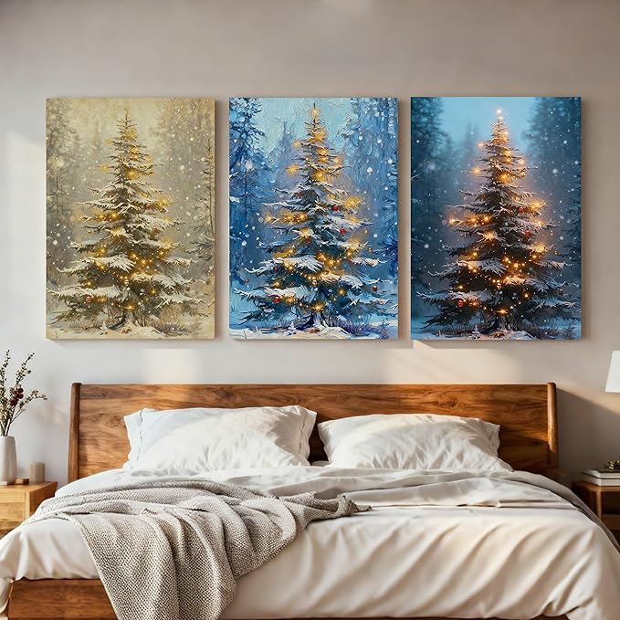 Framed Christmas Pictures Wall Decor,Vintage Pine Tree Prints,Winter Christmas Canvas Wall Art Decoration for Bedroom Bathroom Living Room Rustic Xmas Holiday Gifts (Christmas Tree 3, 16'' X 24'')