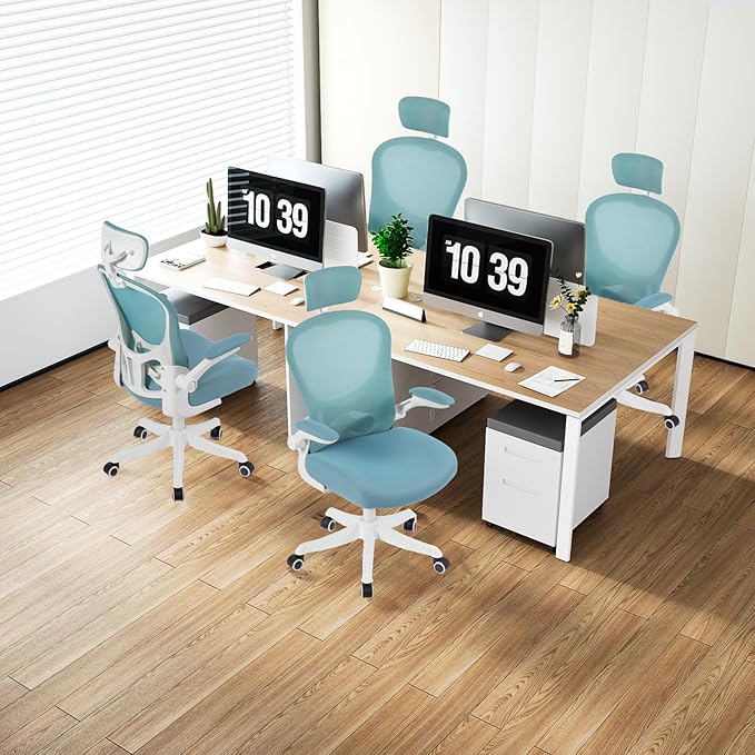 Ergonomic Office Chair with Adjustable Lumbar Support and Headrest, High Back Mesh Desk Chair for Home Office,Flip-Up Arms 90-120° Tilt Lock Rolling Swivel Task Chairs (White-Blue6065)