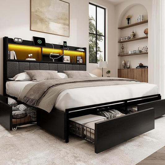 Queen Bed Frame with 6 Storage Drawers, Linen Upholstered Headboard, Built-in USB Charging Station & LED Lighting, Silent Metal Support, No Box Spring Needed, Vintage Black