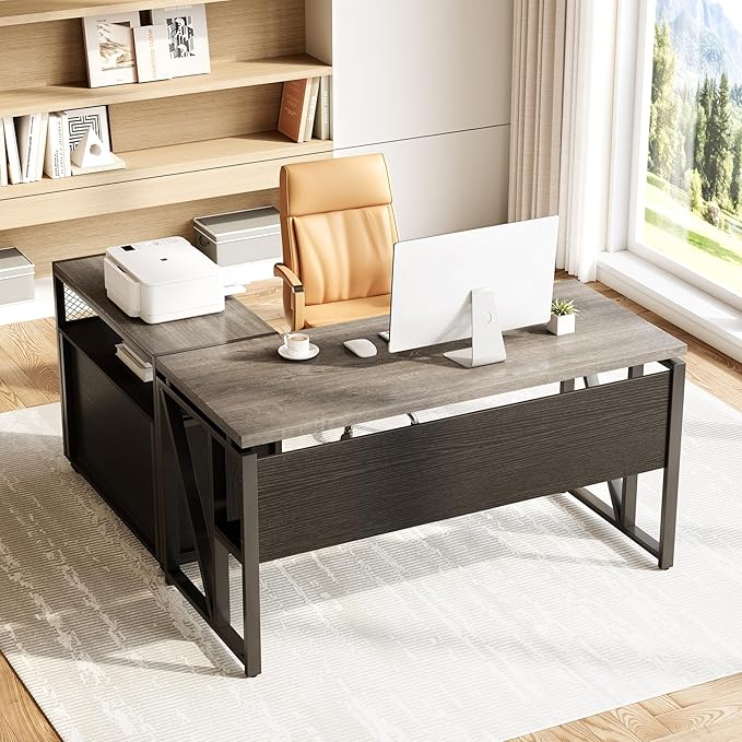 LITTLE TREE 55" Executive Computer Desk and Lateral File Cabinet, L-Shaped Office Desk for Home Office, Furniture Set, Grey