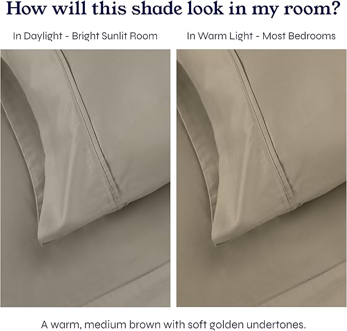 California Design Den Queen Sheet Set - Soft 400 Thread Count Sateen, Natural 100% Cotton Sheets for Queen Size Bed, Deep Pockets for a Snug Fit, Durable Bedding - Taupe