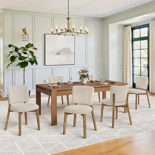 LUE BONA Wooden Dining Chairs Set of 6, Comfortable Wide Back Kitchen Side Chairs, Strong Thick Legs for Modern Farmhouse Dining Room, Linen Upholstered and Natural Wood Legs