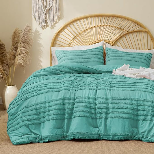 BEDELITE Boho King Size Comforter Set - Aqua Tufted Striped Bed Set 3 Pieces, Soft Vintage Farmhouse Comforter for All Seasons, Boho Home Decor,Fluffy Jacquard Bedding with Pillow Sham