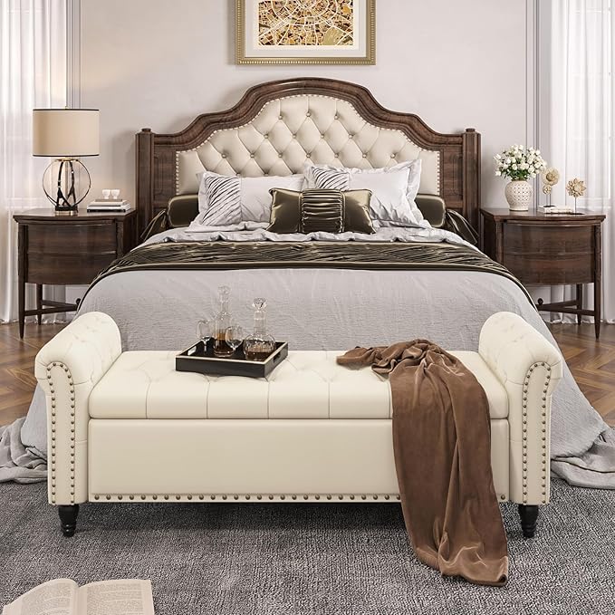 65 Inch Bedroom Bench, End of Bed Bench with Storage, Bed Benches for Foot of Bed, Faux Leather Window Bench with Tufted Button and Nailhead Trim, Upholstered Storage Bench, Rolled Arms, Cream White