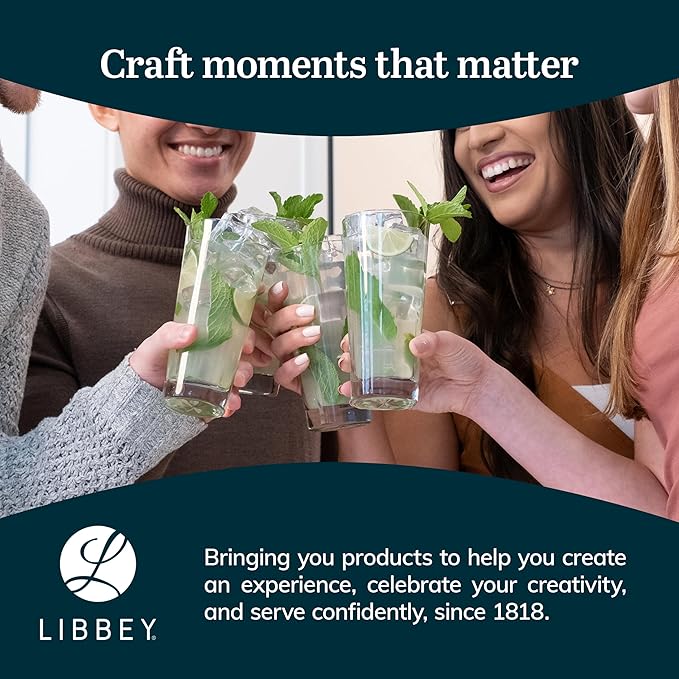 Libbey Bellevue Cocktail Glasses Set, 13.5 Oz, Clear, Stylish Retro Stackable Glass Cups, Modern Glassware Set for Cocktails, Mojito, and More