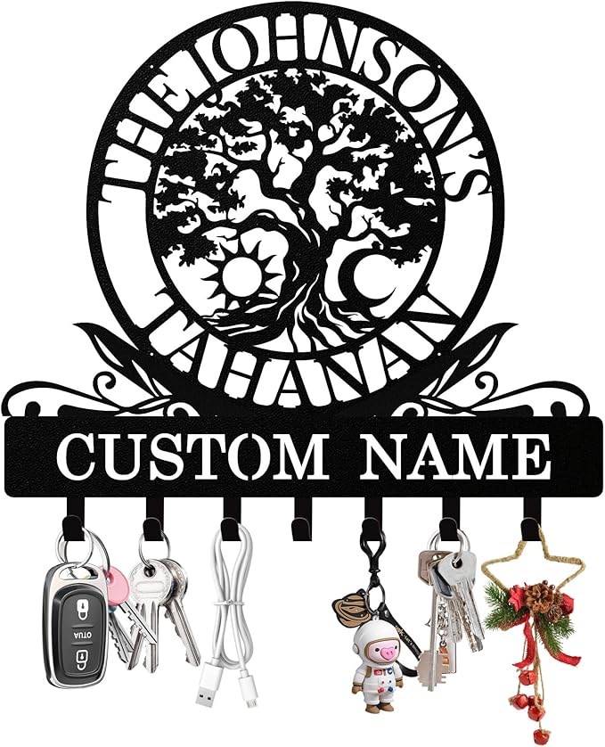 Personalized Key Holder Wall Mount, Custom Tree of Life Metal Keys Holder for Wall with Name, Wall Key Hanger Rack with Hooks for Entryway, Front Door, Living Room, Kitchen, Bathroom, Garden