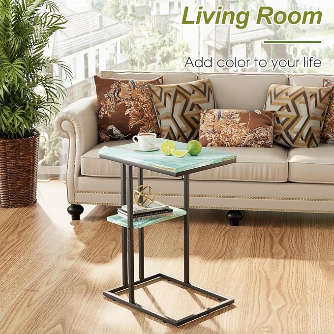 C Shaped End Side Table, Couch Sofa Table for Small Space, Snack Table with Metal Frame, TV Tray Table for Bed, Living Room, Bedroom, Bedside(Sea Blue)
