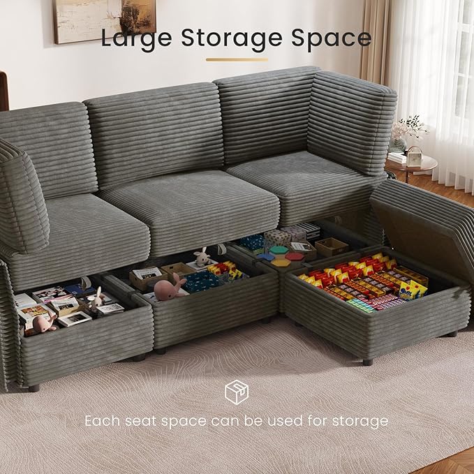 KKL Modular Sectional Sofa L-Shaped 4 Seater Couch with Storage Ottoman, Plush Wide-Wale Corduroy Couch for Living Room, Apartment, Modern Design, Gray