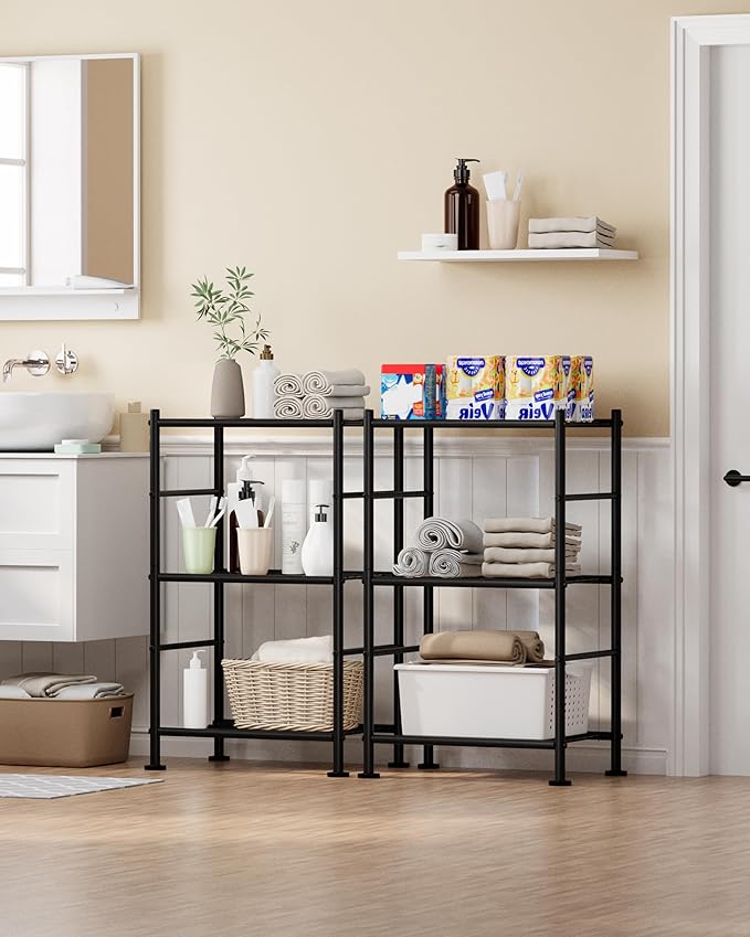 2-Pack Storage Shelves - 3-Tier Metal Wire Shelf Organizer, Slim Shelf Rack with Adjustable Feet for Laundry Room, Kitchen, Garage Organization, 18.2" x 12.3" x 30.4", Black