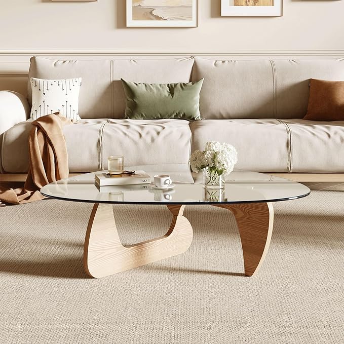 Modern Coffee Table for Living Room and Small Spaces, 43.3" x 29.5" x 15.8" Triangle Tempered Glass Table Top and Eco-Friendly MDF Base, Natural Wood